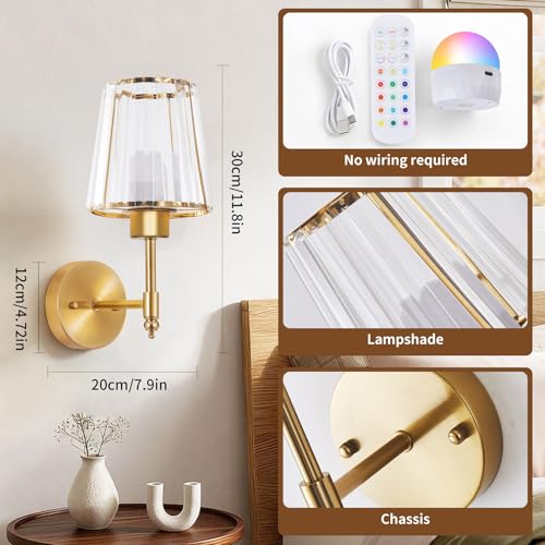 Image of Battery Operated Wall Sconce Set of 2, Rechargeable Wireless Wall Lights with 5200mAh Dimmable Bulbs and Remote,15 Colors Wireless Wall Lamps for Bedroom Living Room Hallway Decor-Clear Gold