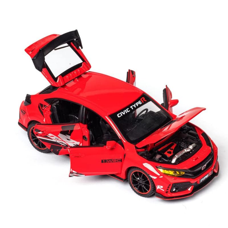 Image of PINQUE Kids New Car 1:32 Civic Type R Diecast Alloy Metal Pull Back Car with Openable Doors Music Sound and Light Vehicle Toy Car for Boys (Red)
