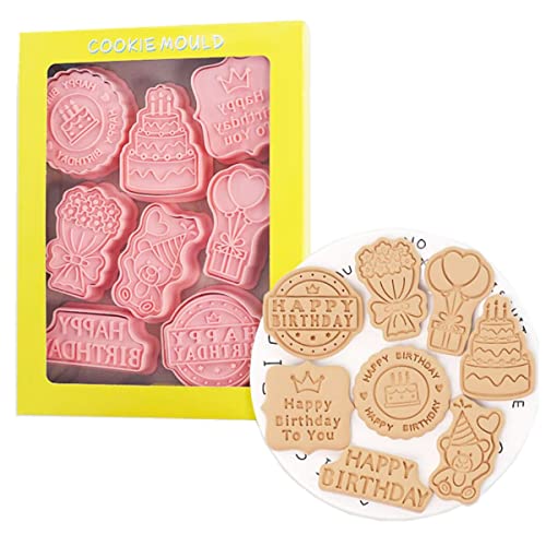 8 Pieces Happy Birthday Cookie Press Cookie Moulds For Baking Cookie Mould Press Birthday Cookie Mould Set Kitchen Tools Plastic Cookie Stamps (Birthday) #TOP5