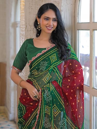 Image of SIRIL Women's Bandhani Printed Embroidery Georgette Saree with Unstitched Blouse Piece