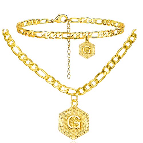 Harlermoon Initial Necklace Anklet Bracelet 18K Gold Plated Figaro Link Chain Bracelet Hexagon A-Z Monogram Letter Charms Jewelry Set for Women Girls (G)