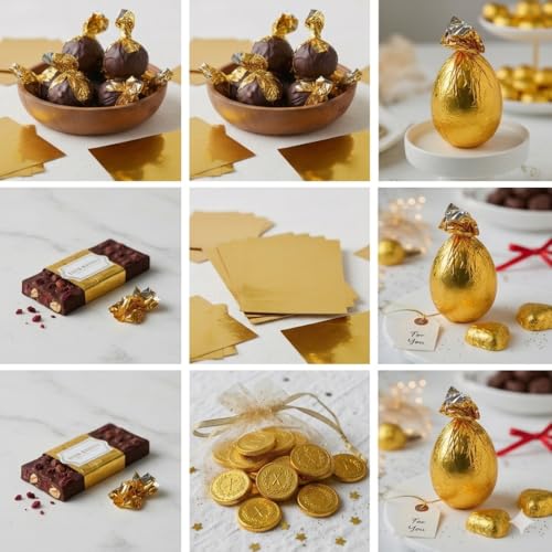 Image of Aluminum Foil Chocolate Wrappers - Candy Wrapping Sheets for DIY Chocolates, Sweets & Gifts | Food-Grade, Decorative & Easy-to-Use Foil Wraps (Golden, Pack of 1 (250 Counts))
