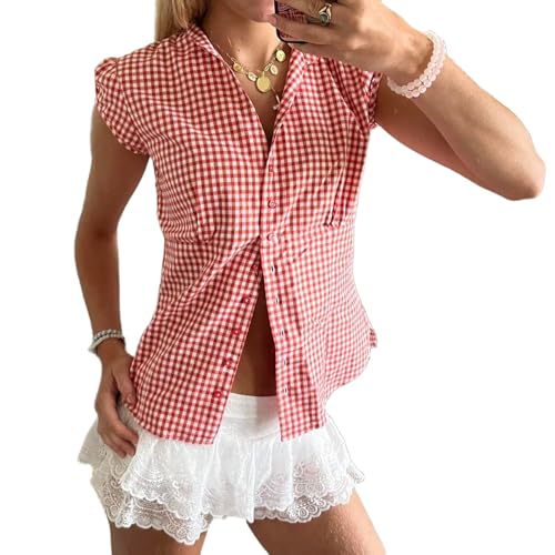 Women Y2k Short Sleeve Button Down Shirts Coquette V Neck Collared Crop Tops Vintage Slim Fit Going Out Blouse (Red Plaid Gingham, M)