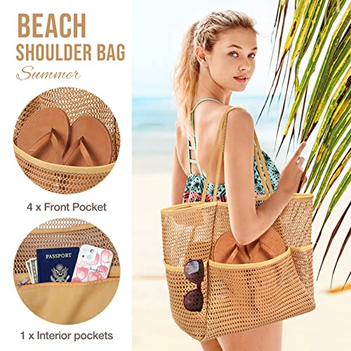 Image of KPX Beach Bag with Mini Pocket, Beach Tote Bags for Women Large Foldable Mesh Swimming Pool Travel Bags - Sandproof