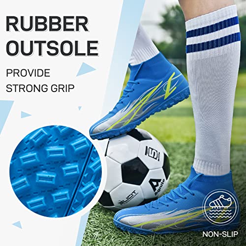 Mens Soccer Shoes Football Cleats Athletic High-Top Breathable Soccer Boots Spikes Anti-Slip Outdoor Indoor Training Turf Football Sneaker Blue #TOP3