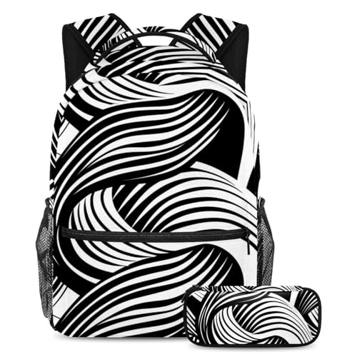 Cartables vague géométrique noir et blanc grand volume avec trousse pour adolescents