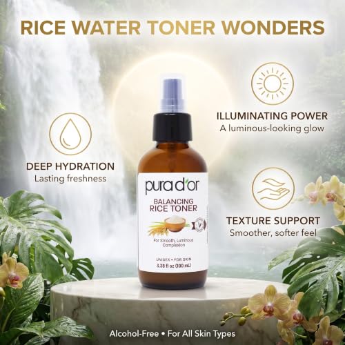 PURA D'OR 3.38 Oz Rice Water Balancing Facial Toner - Hydrating & Soothing Formula with Natural Extracts - Skin Texture Support for Radiant Skin - Alcohol-Free - Travel Size - image 3