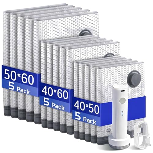 Vacuum Bags for Travel with Rechargeable air Pump 15 Pack Compression Packing Seal Bag for Luggage and Suitcase 5 Small + 5 Medium + 5 Large Space Saver Bags for Clothing Travel