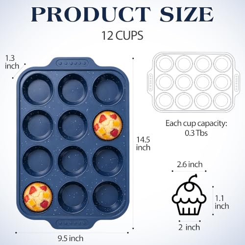 Image of Silicone Muffin Pans for Baking with Metal Reinforced Frame | Nonstick 12-Cup Regular Size Cupcake Tray for Egg Bites, Muffins & Cupcakes, Dishwasher Safe, Dark Blue, 1 Pc
