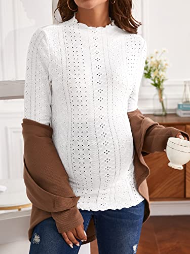 Soly Hux Women's Maternity Mock Neck Ruffle Trim T Shirt Solid Long Sleeve Casual Tee Tops Solid White L #TOP3