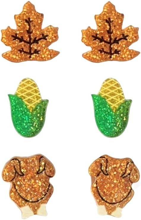 3PCS Thanksgiving Stud Earrings for Women Cute Shiny Acrylic Corn Pumpkin Pie Turkey Masple Leaf Stud Earrings Autumn Fall Party Thanksgiving Holiday Jewelry Accessories