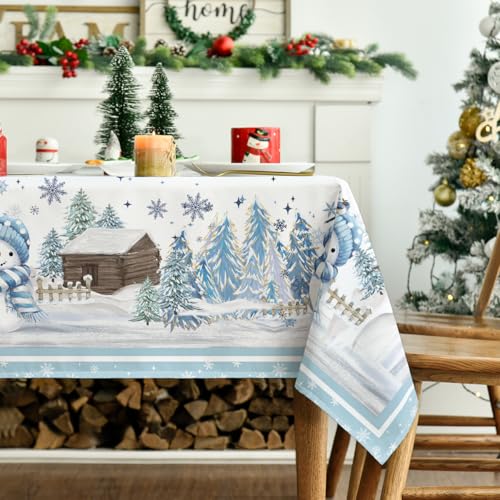 Horaldaily Christmas Tablecloth 60×84 Inch Rectangular, Blue Snowman Pine Snow Washable Table Cover for Party Picnic Dinner Decor – Image 3