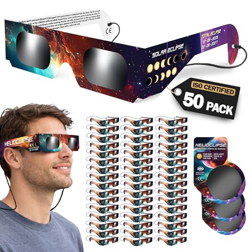 Helioclipse 50 Pack Solar Eclipse Glasses 2026 - Trusted for Direct Solar Eclipse Viewing - Iso 12312-2 & Ce Certified - Bonus 10x Phone Filter