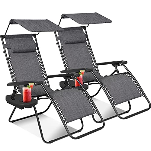 KEPLIN Zero Gravity Chairs Set of 2 with Canopy - Made of Textoline I Heavy Duty Lounger for Garden I Patio Sun Loungers I Folding Reclining Chairs (Grey with Canopy)
