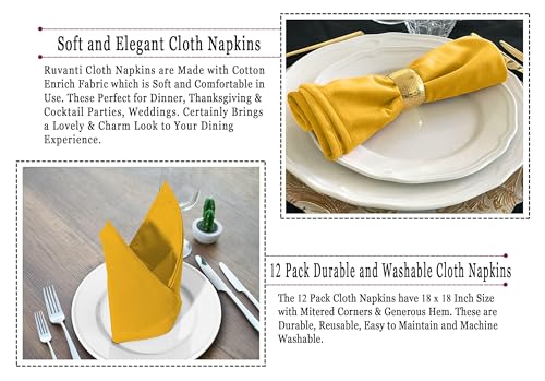 Image of Ruvanti Cloth Napkins Set of 6, 18x18 Inches Napkins Cloth Washable, Soft, Durable, Absorbent, Cotton Blend. Table Dinner Napkins Cloth for Hotel, Lunch, Restaurant, Wedding Parties - Mustard