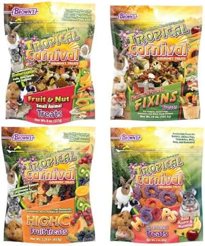 Tropical Carnival Brown's Gourmet Small Animal Treat Bundle | Conejos, cobayas, hámsters, jerbos, chinchillas, ratones de compañía. Cuatro variedades