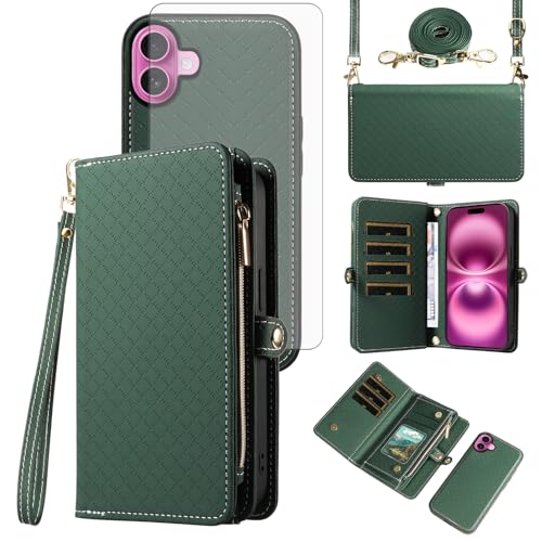 Coque pour iPhone 16 Plus avec fermeture éclair portefeuille amovible et verre