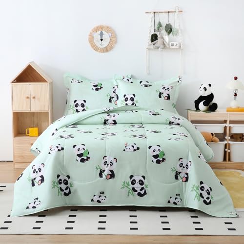 Image of Yibeizi Kids Cute Panda Comforter Full Size Sage Green Bedding Set