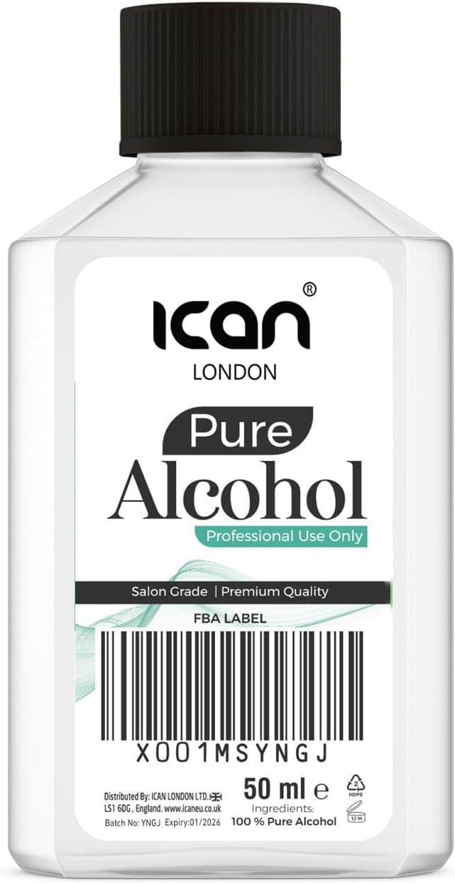 ICAN LONDON 100% Pure Alcohol For Nail Gel Polish Prep & Wipe Residue Cleanser, Disinfectant 50ml
