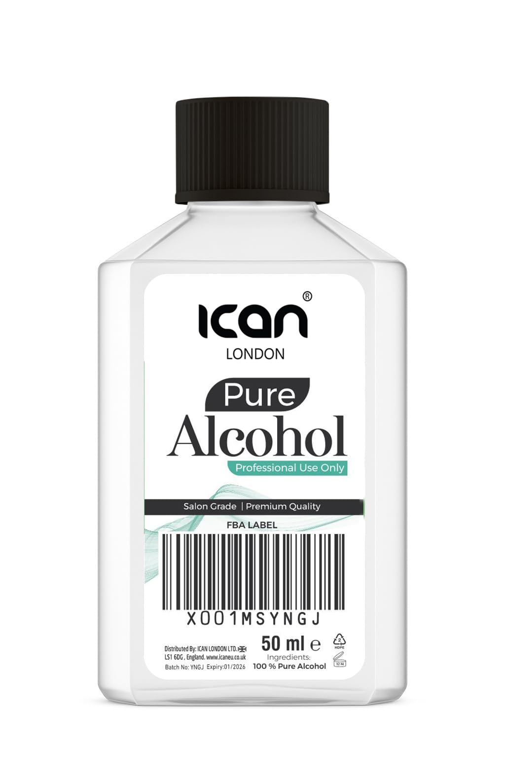 ICAN LONDON 100% Pure Alcohol For Nail Gel Polish Prep & Wipe Residue Cleanser, Disinfectant 50ml