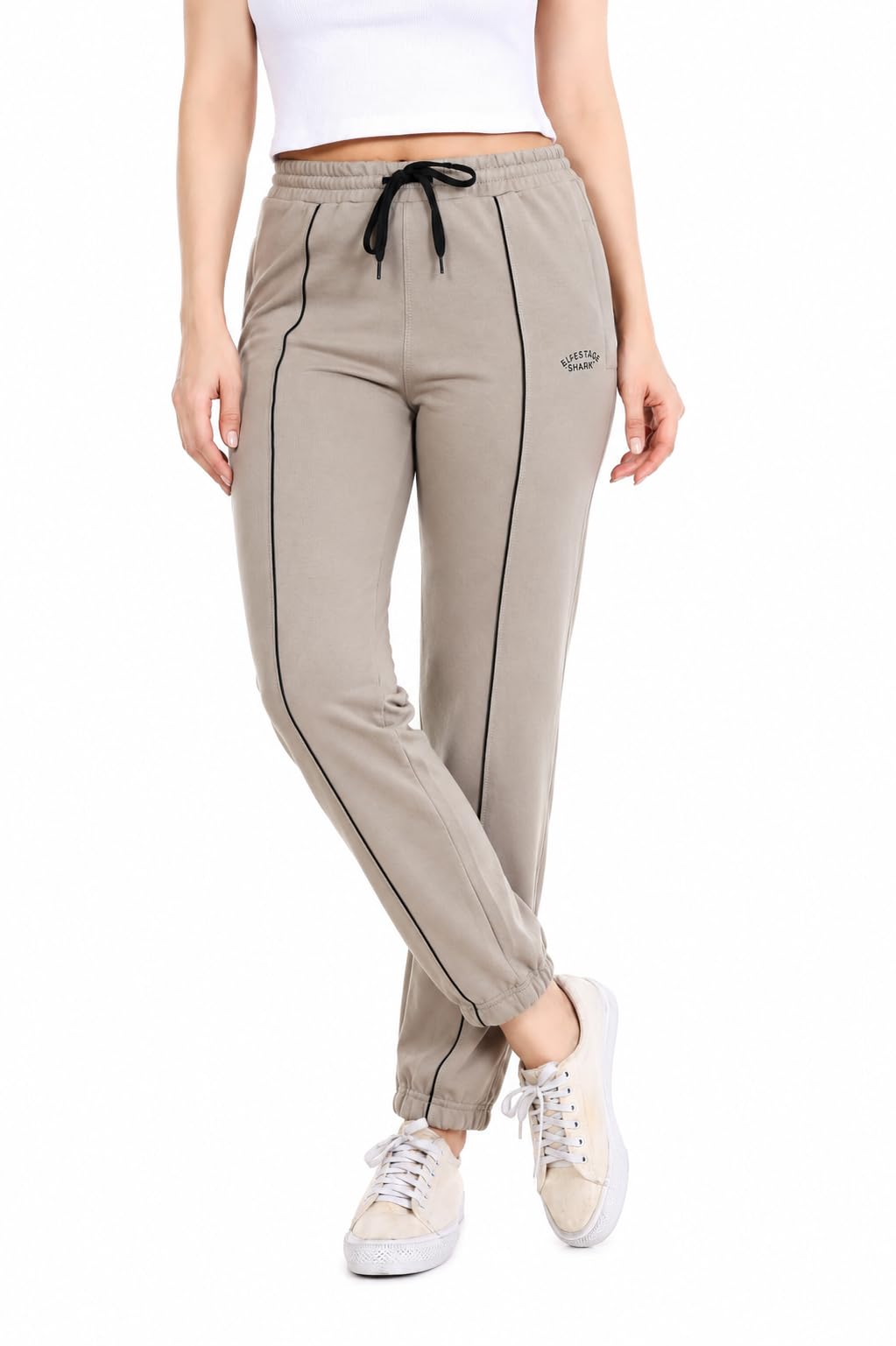 BLUE STAR SHARK Women's Terry Cotton Track Pants | Stretchable Joggers for Women with Side Pocket | Elastic Waist & Drawstring Lower | Activewear for Gym Yoga & Casual Sports Wear Grey, Size L