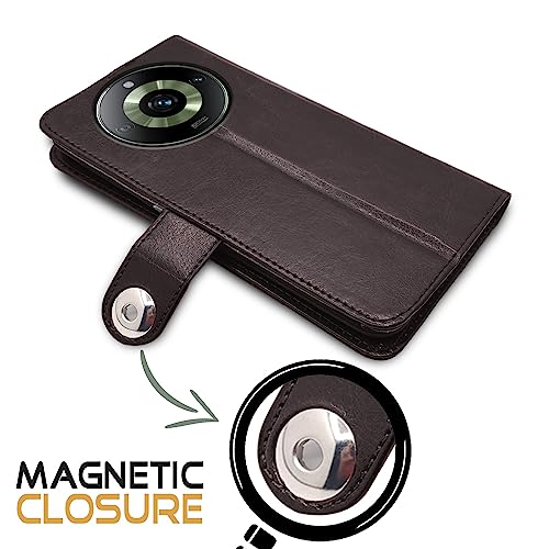 Image of Pikkme Realme 11 Pro / 11 Pro Plus 5G / Narzo 60 Pro 5G Flip Cover Leather Finish | Inside TPU with Card Pockets | Wallet Stand and Shock Proof | Complete Protection Button Flip Case (Coffee)