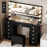 VOWNER Vanity with Lighted Mirror - Glass Top Makeup Vanity Desk with Lights and 11 Drawers, 3 Color Lighting Modes Adjustable Brightness, 46' Makeup Desk with Soft Cushioned Stool for Bedroom, Black