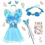 🦋【Feenkostüm Mädchen】 Sie erhalten 1 x engelsrock, 1 x glühende schmetterlingsflügel, 1 x feen zauberstab, 1 x schmetterlings haarband, 1 x kranz, 1 x fee tattoo aufkleber. Es ist eine großartige kombination aus niedlichen engel party outfits, mädchen können dieses leuchtende feenkostüm in der sonne oder in der nacht tragen und stechen so bei jedem anlass hervor!