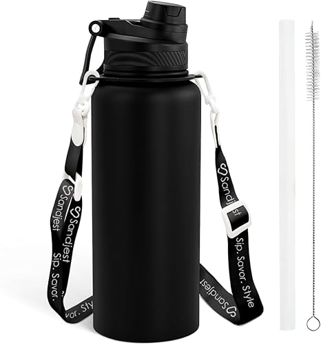 SANDJEST Botella de agua de acero inoxidable con correa de 32 onzas, botellas aisladas con popote y tapa de boquilla para gimnasio, deportes, viajes