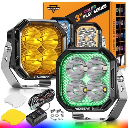 Auxbeam 3 Inch RGBW LED Pods 7 Color Backlight with Gradient Cycle, 116W Off-Road Driving Spot Fog Lights for Jeep Truck ATV, Color Play Series with White & Amber Covers, 2 Year Warranty