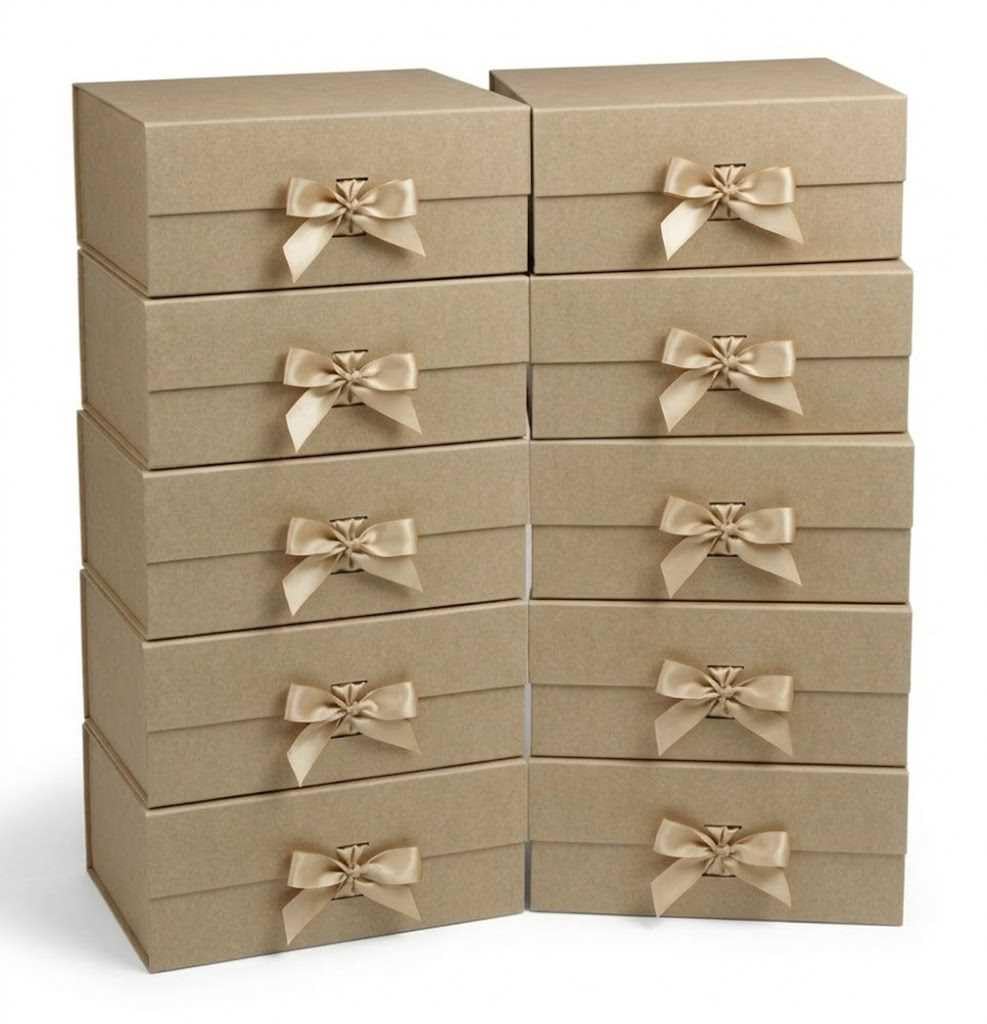 Emartbuy Kraft Flat Pack Magnetic Gift Box with Ribbon – 20 x 18.2 x 8 cm – Fits Jewellery, Candles & Small Gifts – Birthdays Weddings Christmas Corporate Gifting Trade Wholesale – Pack of 10 Boxes — image 1