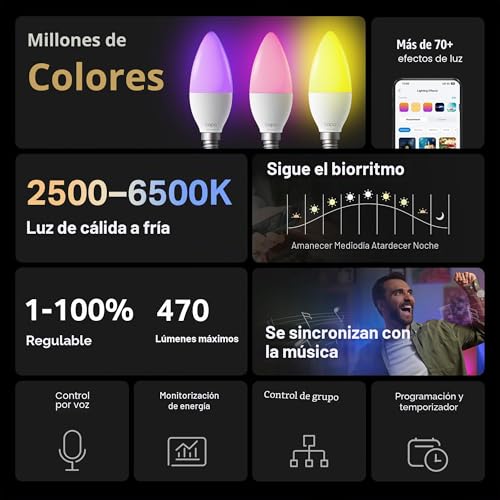 Miniatura 2 de Tapo Bombilla conectada WiFi, Bombilla LED E14 Multicolor 2500K-6500K, regulable 40W 470Lm, funciona con Alexa, control de voz, ahorro de energía, L430C.