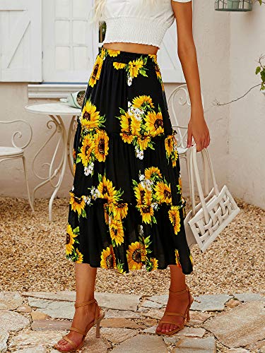 Saia feminina Hibluco com estampa floral boêmia e cintura elástica, Black Sunflower, X-Large