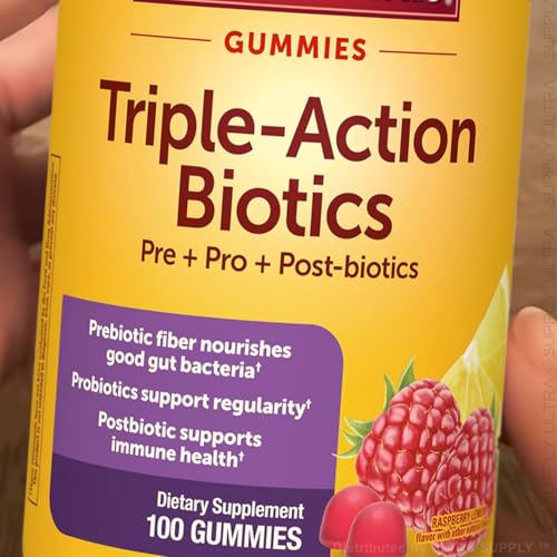 Nature_Mades Triple Action_Biotics Gummies (100 Count) | Pre + Pro + Postbiotic Blend with Fiber & Probiotics, Lemon Raspberry Flavor