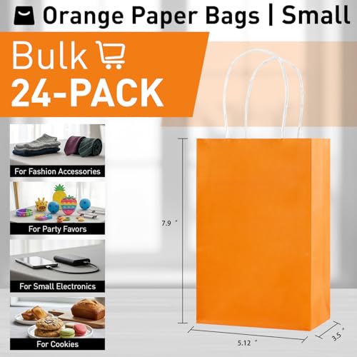 Image of SUNCOLOR 24-Pack Orange Gift Bags with Handles - 8 inch Goodie Bags for Party Favor Bags, Halloween, Birthdays & Holiday Events (Orange)