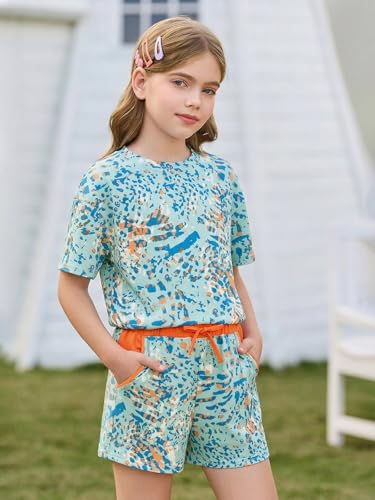Image of Haloumoning Girls Summer 2 Piece Outfits Kids Oversized T Shirts and Shorts Clothing Sets 5-14 Years