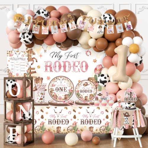 My First Rodeo Decorations Girl 278PCS Western Cowgirl 1st Birthday Decorations Kit with Tableware Balloon Arch Backdrop Banner Balloon Boxes High Chair Banner Cupcake Toppers for Girl 1st Birthday