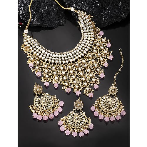 Image of Peora Kundan & Beads Studded Necklace Earrings & Maangtikka Set Ethnic Jewellery for Women & Girls