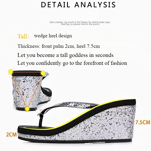 Women's Crystal Sequin Wedge Flip-Flops,Summer Arch Support Beach Slides,Non-Slip Platform Flip Flop Sandals.4