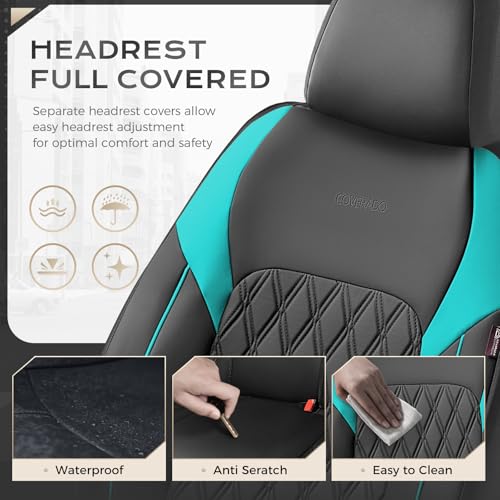 Image of Coverado Front Seat Covers, Car Seat Covers for Cars, Waterproof Driver Seat Covers, Faux Leather Car Seat Cushion, Front Auto Seat Covers Luxury Car Seat Protector Universal Fit Most Cars, Black&Blue