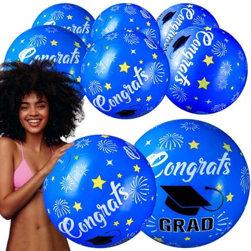 Relaxgiant 6 Pcs 2026 Graduation Beach Balls 16 Inch Giant Pool Floats Inflatable Grad Beach Ball Congrats Sign Class of 2026 Party Favors for Summer Pool Toys Games Grad Decoration Supplies(Blue)