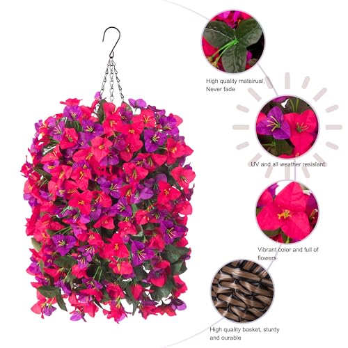 Image of Artificial Bougainvillea Faux Flowers Plants Baskets for Outdoor Outside Decoration, 3PCS Fake Silk Flowers Long Trailing Vines UV Resistant Realistic for Front Door Porch Patio (PurpleHotpink)