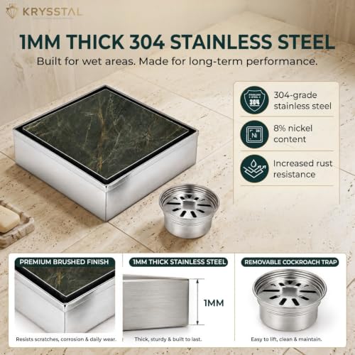 Image of KRYSSTAL 5x5 Inches Square Tile Drainer | Bathroom Drain Cover with Advanced Cockroach Trap | 1mm 304 Grade Stainless Steel Tile Insert Floor Drain Jali with Anti-Odour Floor Trap for 13mm Tiles