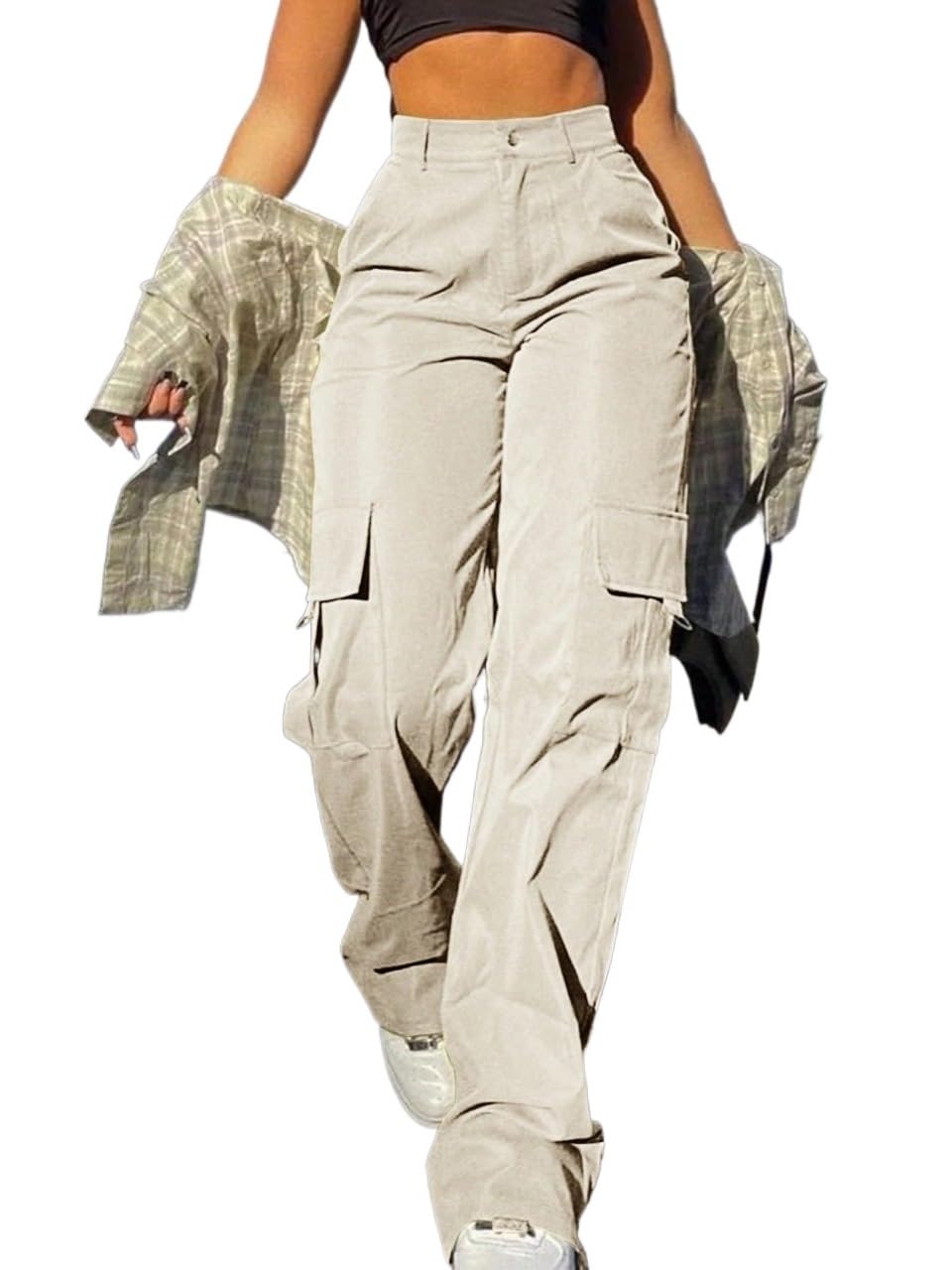 Womens Fall Solid Color Straight Loose Casual Cargo Pants Trousers