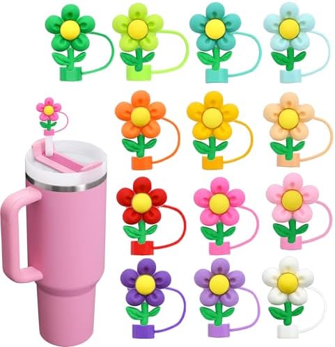 13 Pack Flower Straw Covers Cap for Tumblers, 10mm Cute Colourful Straw Topper for Water Bottles Stanley Cups Accessories Gifts For Women Party Favors