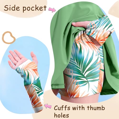 Image of HOZIY Girls Long Sleeve Swimsuit Two Piece Rash Guard Dress with Swim Shorts Front Zip for Kids Tween Teens UPF 50+