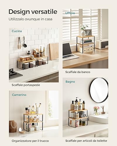 SONGMICS Scaffale Portaspezie, Set di 2 Organizzatori da Cucina Espandibili, Scaffale da Cucina Impilabile, Metallo e Legno Ingegnerizzato, Nero Inchiostro e Beige Naturale KCS02NB - Immagine 4