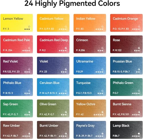 Image of Arrtx 24 Colors Watercolor Paint Set with Rich Pigments - Intense Color Payoff & Excellent Mixing - Ideal for Artists Beginner