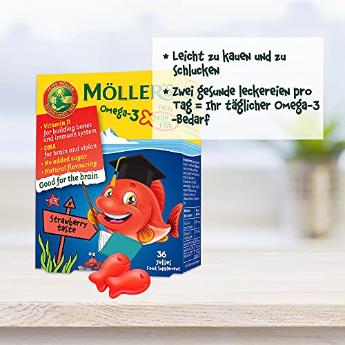Möller's Omega 3 Kapseln für Kinder | Natürliche Omega 3 Fischtran mit Erdbeergeschmack | Mit DHA und EPA | Leicht zu kauen | Ohne Gluten, Laktose und Zucker | 36 Stück 6