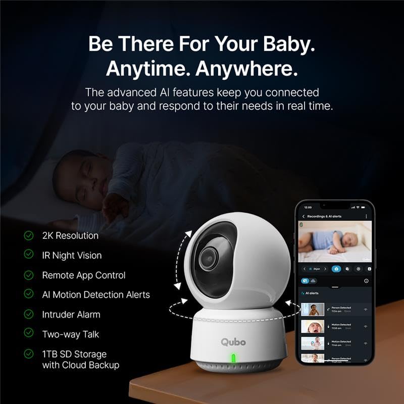 Image of Qubo Smart 360 3MP [2K] Baby Monitor Camera | Wi-Fi Indoor CCTV for Baby Room | AI Person Detection | Automatic Alarm | App Alerts | NightPulse Vision | SD & Cloud Storage | Made in India
